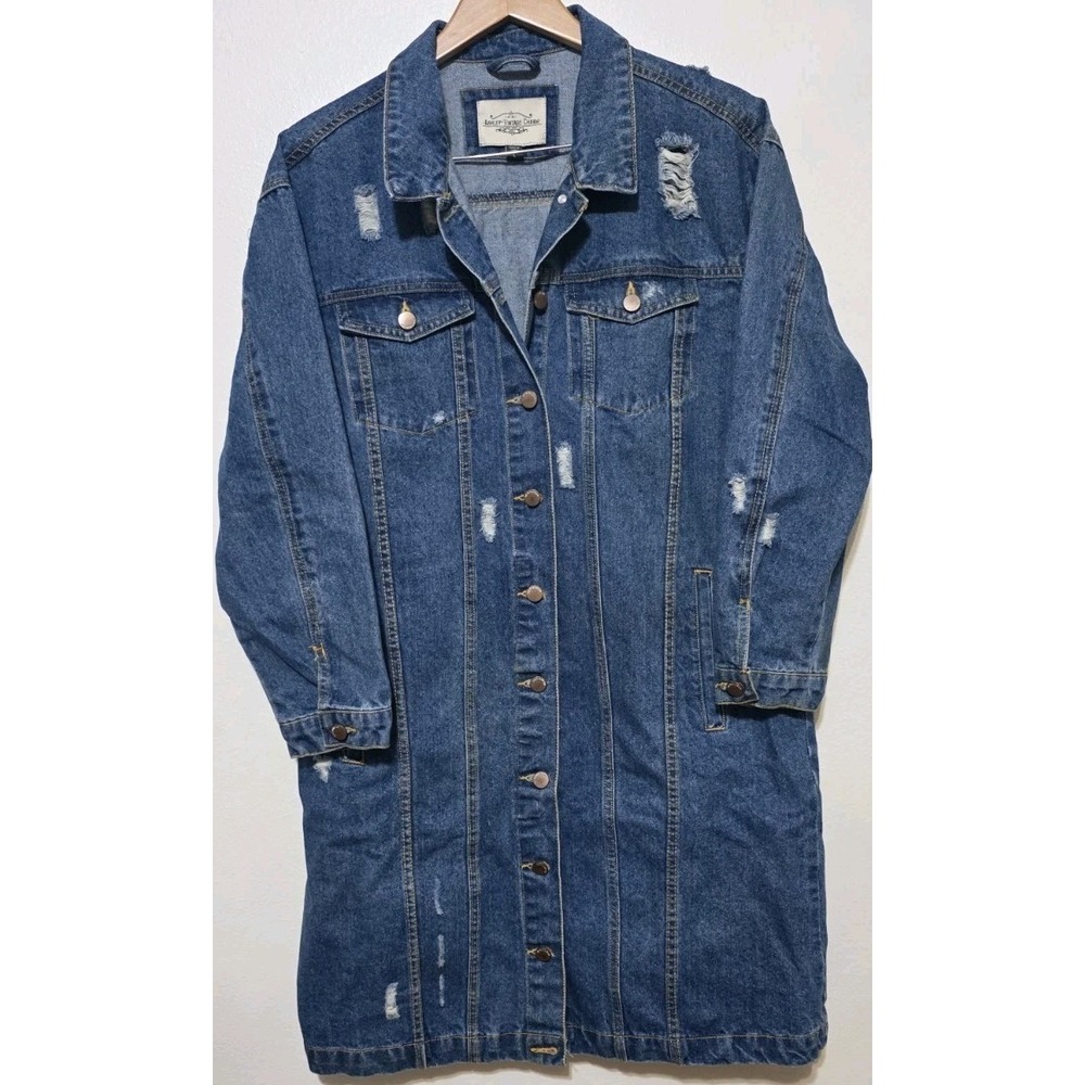 Ashley Vintage Charm Distressed Jean Trench Denim‎ Coat Jacket Women L EUC